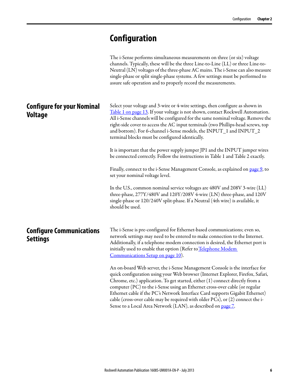 Configuration, Configure for your nominal voltage, Configure communications settings | Rockwell Automation 1608S I-Sense User Manual User Manual | Page 6 / 24