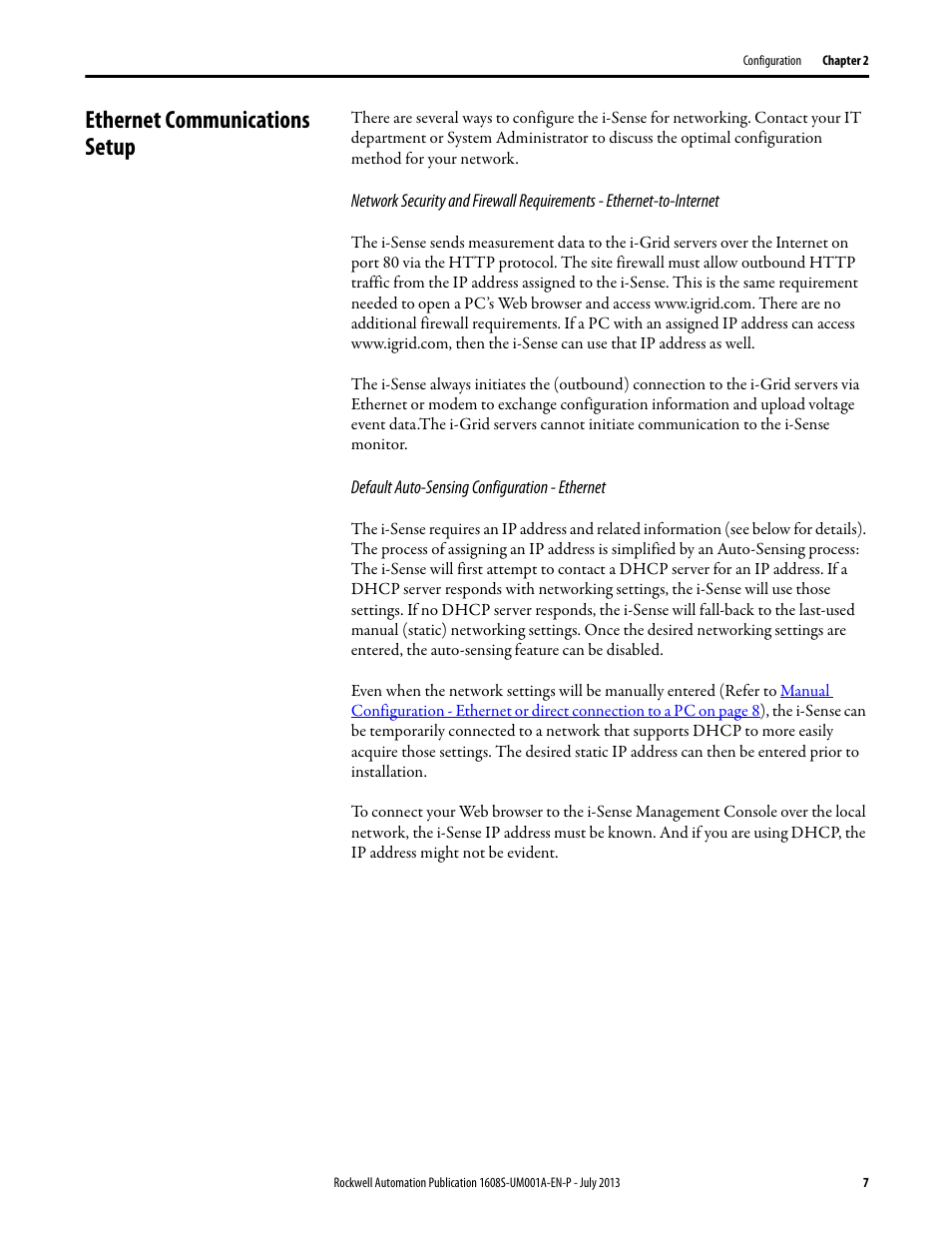 Ethernet communications setup, Default auto-sensing configuration - ethernet, Refer to | Rockwell Automation 1608S I-Sense User Manual User Manual | Page 7 / 24