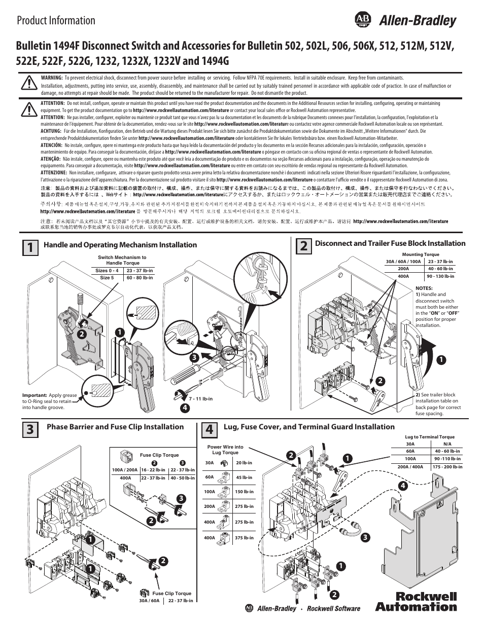 Rockwell Automation 1494F- Disconnect Sw. and Acc. for Bul 502, 502L, 506, 506X, 512, 512M, 512V User Manual | 2 pages