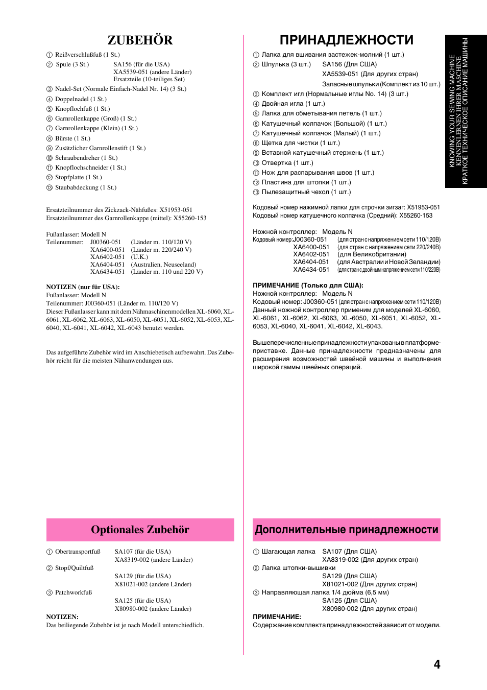 Принадлежности, Zubehör, Optionales zubehör | Дополнительные принадлежности | Brother XL-6040 User Manual | Page 15 / 101