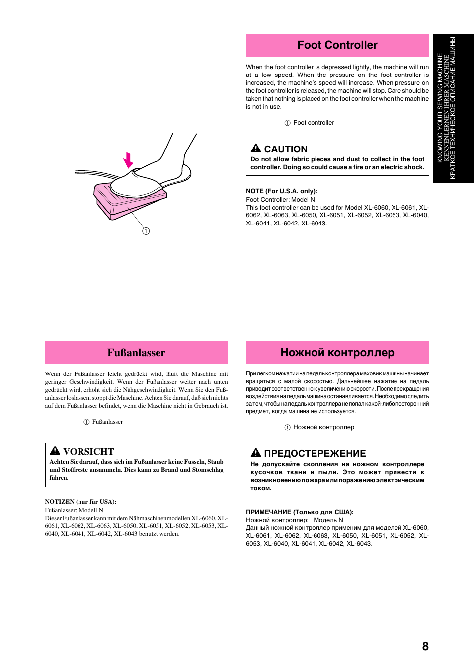 Foot controller, Ножной контроллер, Fußanlasser | Caution, Предостережение, Vorsicht | Brother XL-6040 User Manual | Page 19 / 101