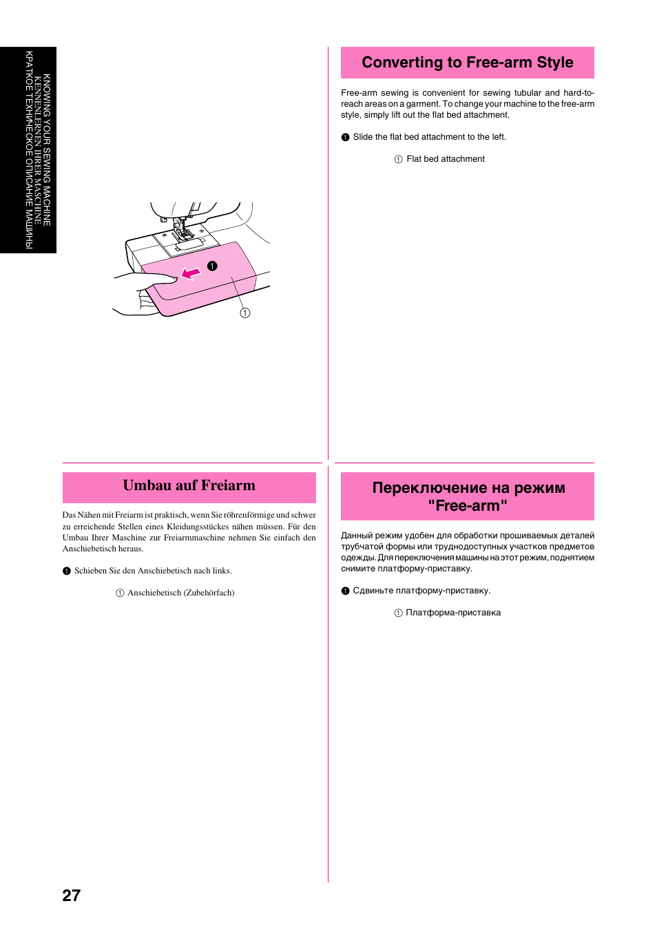 Converting to free-arm style, Переключение на режим "free-arm, Umbau auf freiarm | Brother XL-6040 User Manual | Page 38 / 101