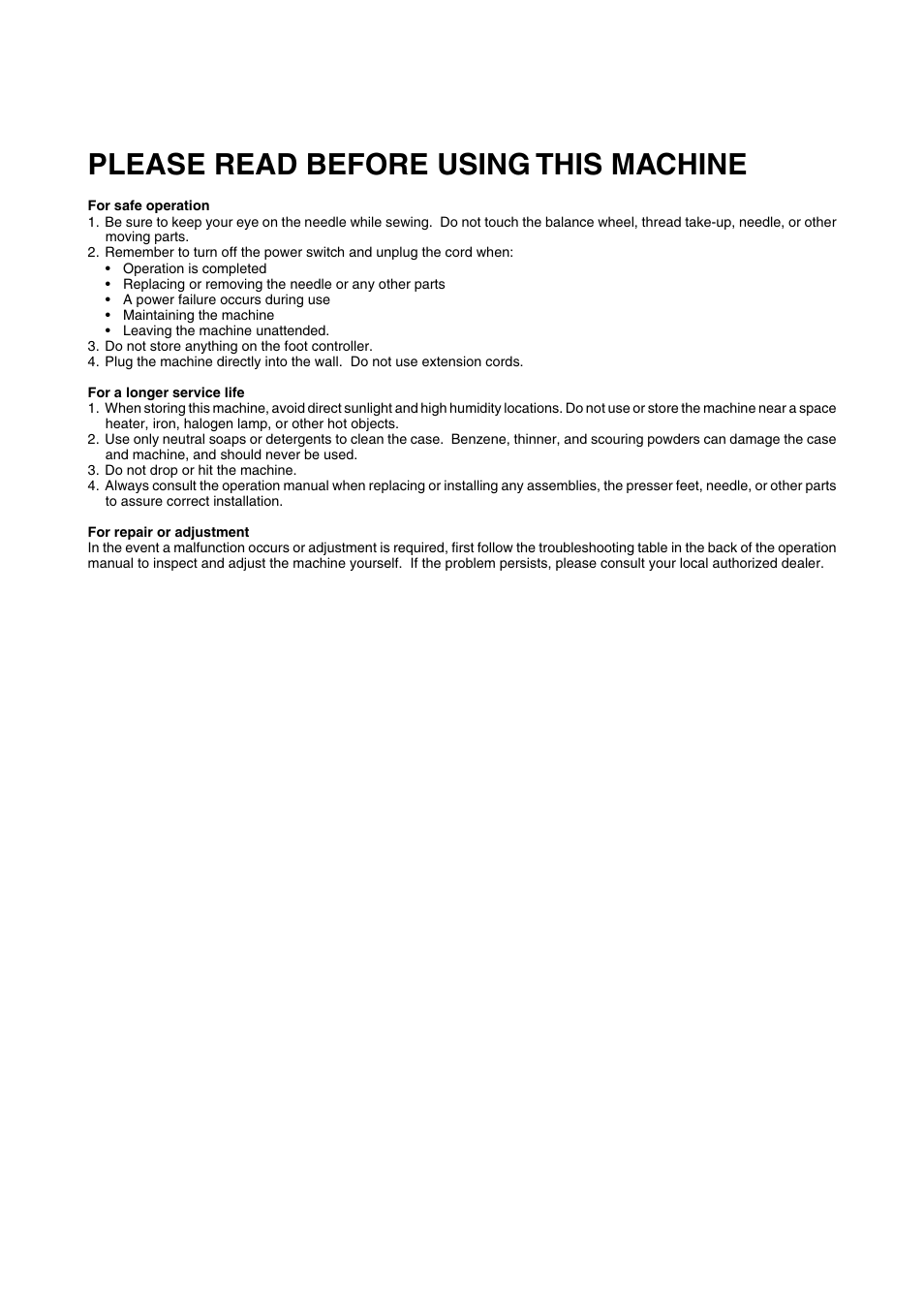 Please read before using this machine | Brother XL-6040 User Manual | Page 6 / 101