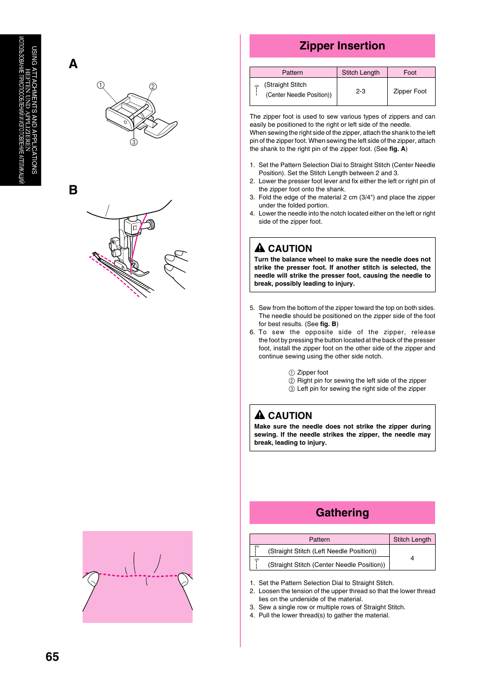 Zipper insertion, Gathering, Caution | Brother XL-6040 User Manual | Page 76 / 101