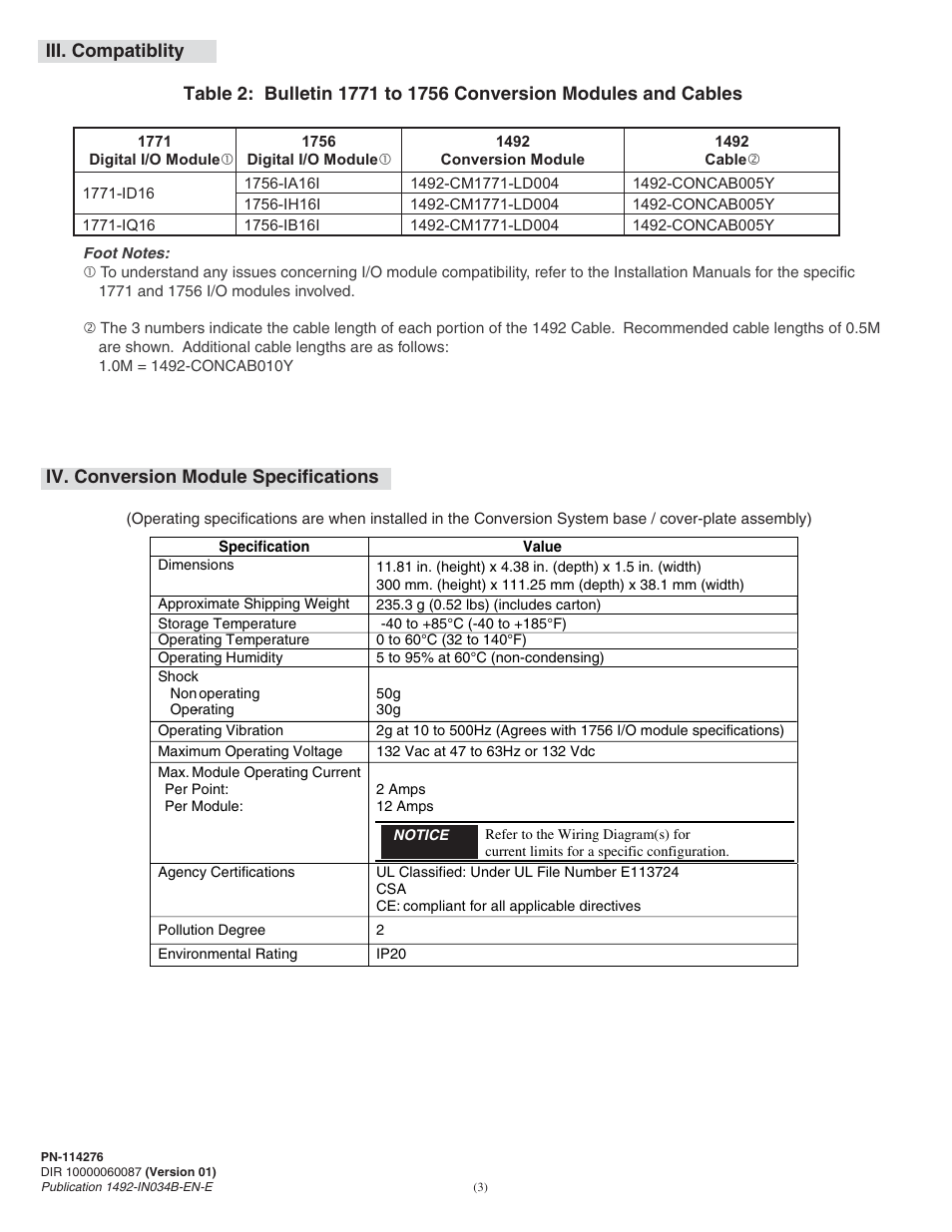 Iv. conversion module specifications, Iii. compatiblity | Rockwell Automation 1492-CM1771-LD004 Field Conversion Module User Manual | Page 3 / 6