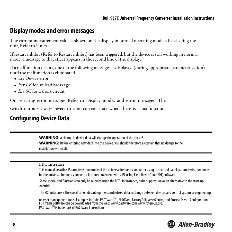 Display modes and error messages, Configuring device data | Rockwell Automation 937CU-DIFRQ_1 Universal Frequency Converter Installation Instructions User Manual | Page 10 / 36