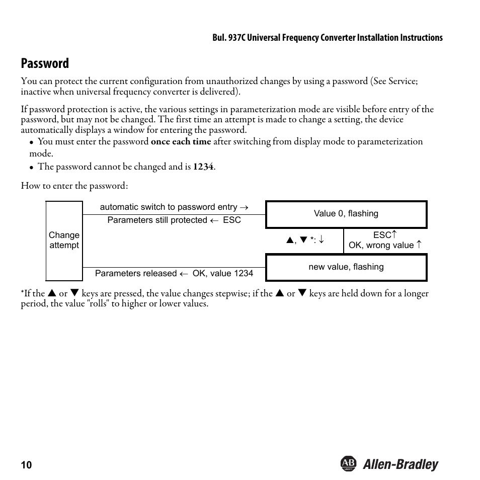Password | Rockwell Automation 937CU-DIFRQ_1 Universal Frequency Converter Installation Instructions User Manual | Page 12 / 36