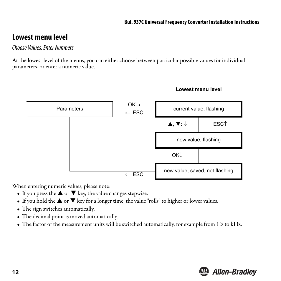 Lowest menu level, Choose values, enter numbers | Rockwell Automation 937CU-DIFRQ_1 Universal Frequency Converter Installation Instructions User Manual | Page 14 / 36