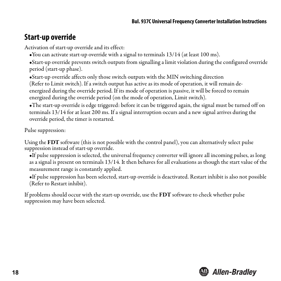 Start-up override | Rockwell Automation 937CU-DIFRQ_1 Universal Frequency Converter Installation Instructions User Manual | Page 20 / 36