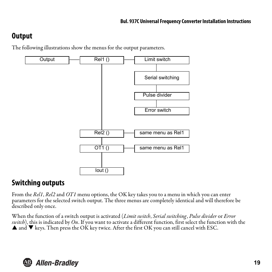 Output, Switching outputs | Rockwell Automation 937CU-DIFRQ_1 Universal Frequency Converter Installation Instructions User Manual | Page 21 / 36