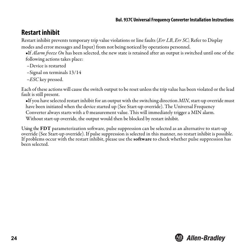 Restart inhibit | Rockwell Automation 937CU-DIFRQ_1 Universal Frequency Converter Installation Instructions User Manual | Page 26 / 36