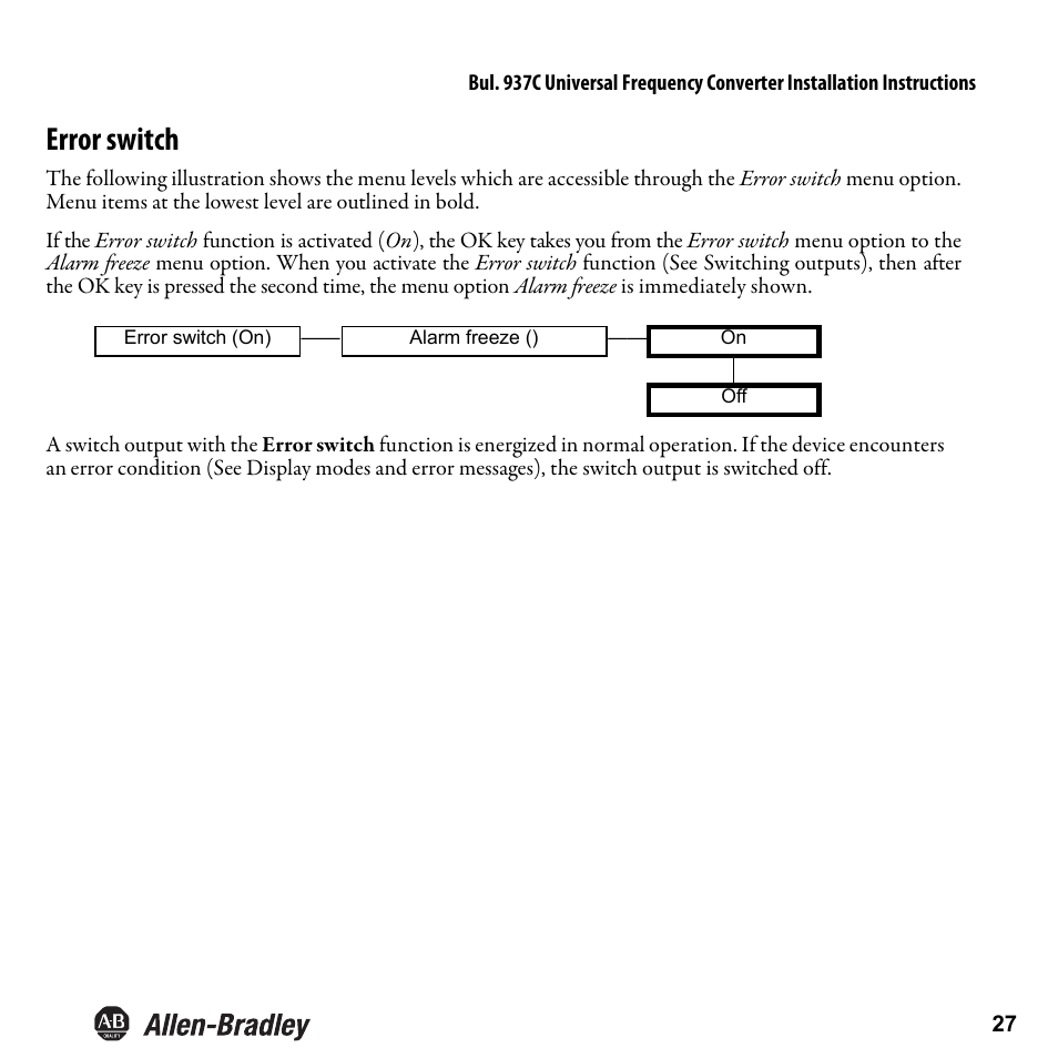 Error switch | Rockwell Automation 937CU-DIFRQ_1 Universal Frequency Converter Installation Instructions User Manual | Page 29 / 36