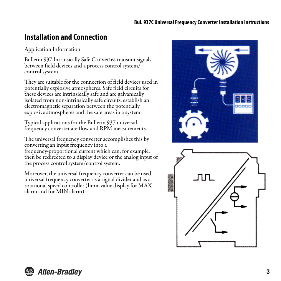 Installation and connection | Rockwell Automation 937CU-DIFRQ_1 Universal Frequency Converter Installation Instructions User Manual | Page 5 / 36