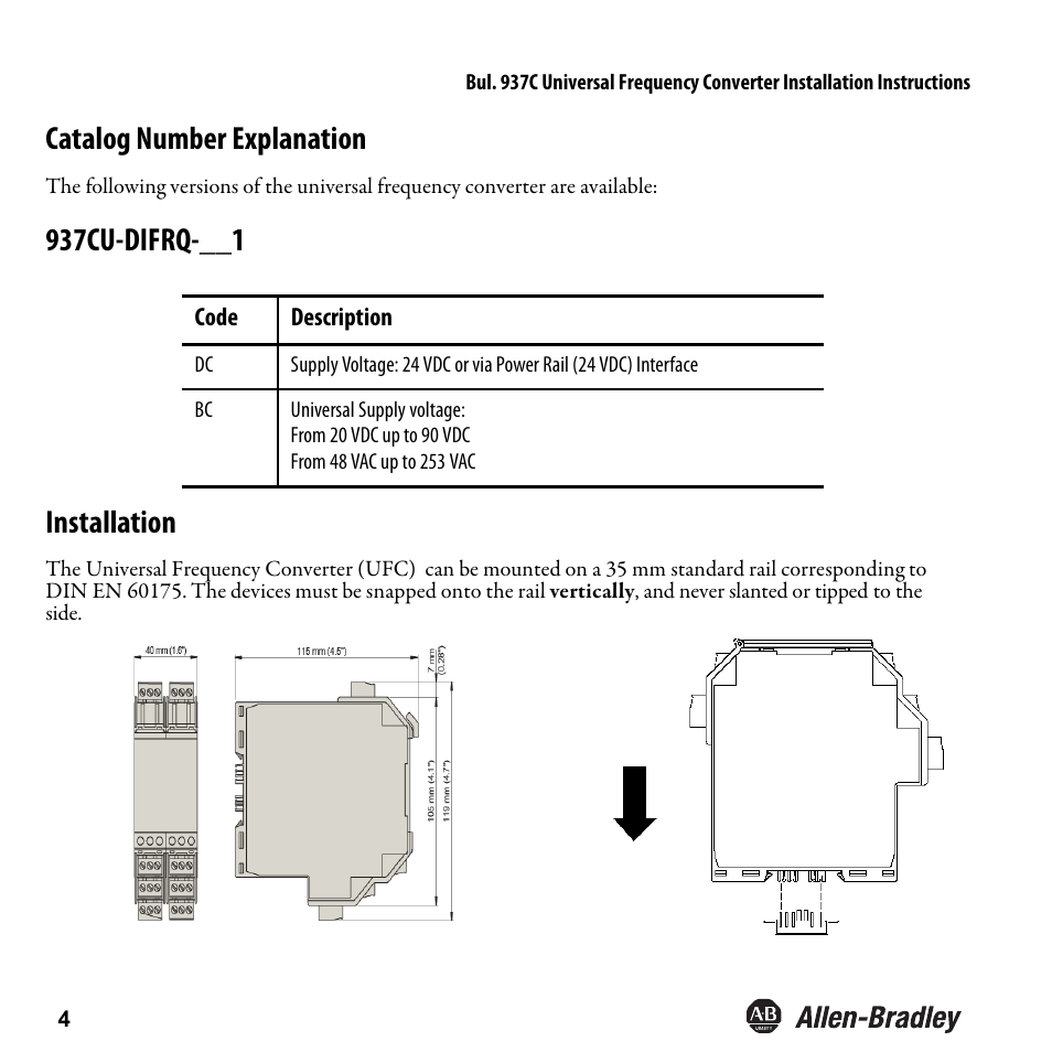Catalog number explanation, 937cu- difrq installation | Rockwell Automation 937CU-DIFRQ_1 Universal Frequency Converter Installation Instructions User Manual | Page 6 / 36