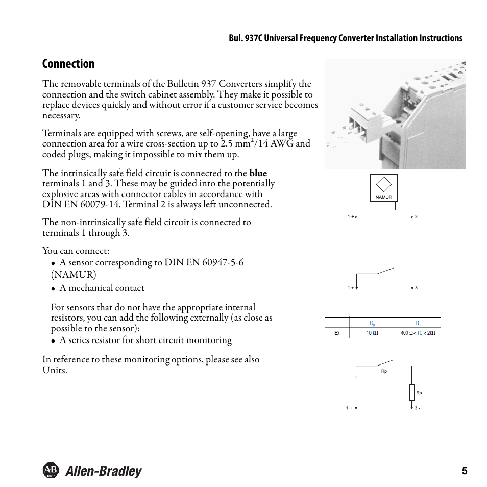 Connection | Rockwell Automation 937CU-DIFRQ_1 Universal Frequency Converter Installation Instructions User Manual | Page 7 / 36