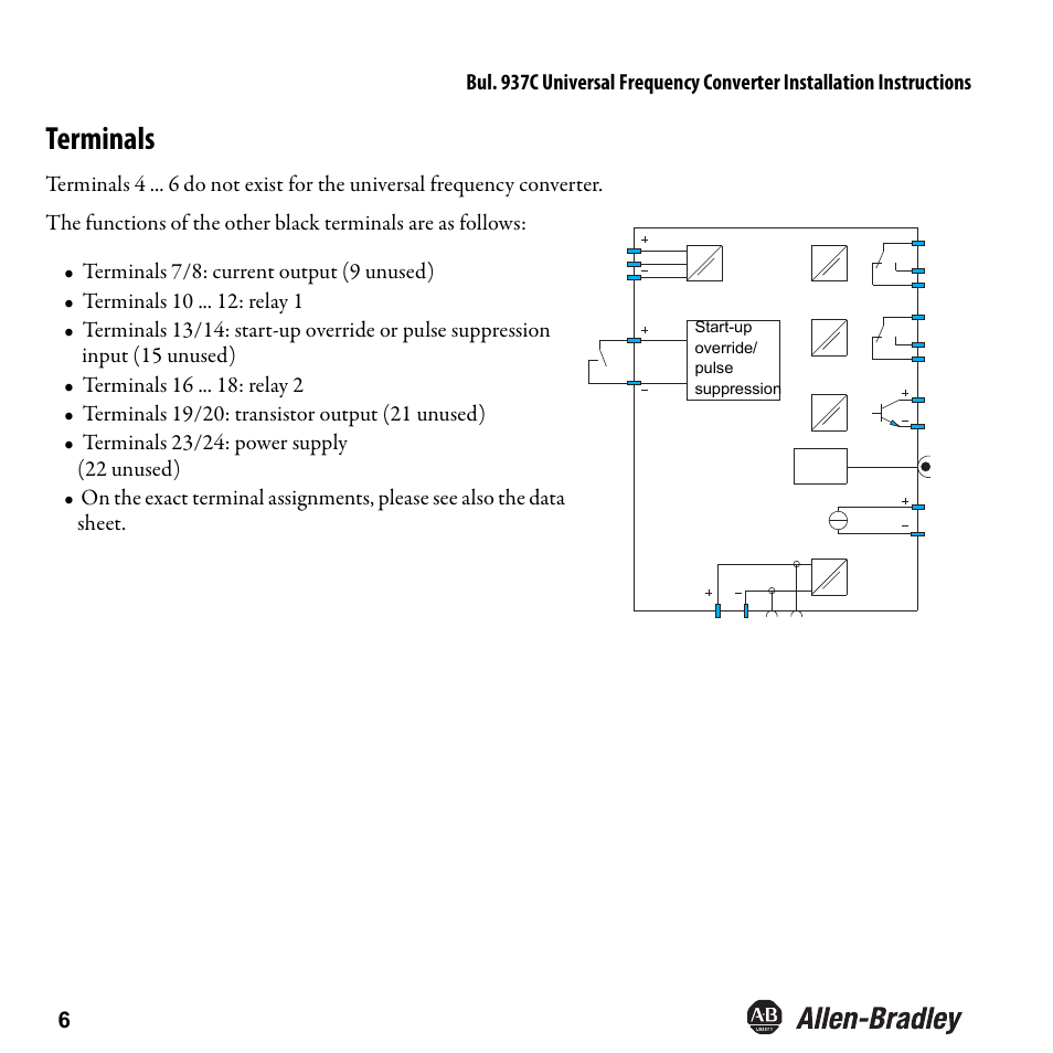Terminals | Rockwell Automation 937CU-DIFRQ_1 Universal Frequency Converter Installation Instructions User Manual | Page 8 / 36