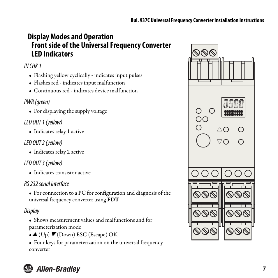 Pwr (green), Led out 1 (yellow), Led out 2 (yellow) | Led out 3 (yellow), Rs 232 serial interface, Display, For displaying the supply voltage, Indicates relay 1 active, Indicates relay 2 active, Indicates transistor active | Rockwell Automation 937CU-DIFRQ_1 Universal Frequency Converter Installation Instructions User Manual | Page 9 / 36