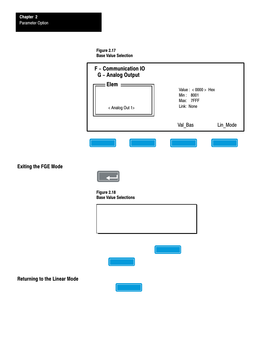 Exiting the fge mode, Returning to the linear mode, F - communication io | Elem g - analog output | Rockwell Automation 1201 GRAPHIC PROGRAM TERM 3.XX User Manual | Page 23 / 64
