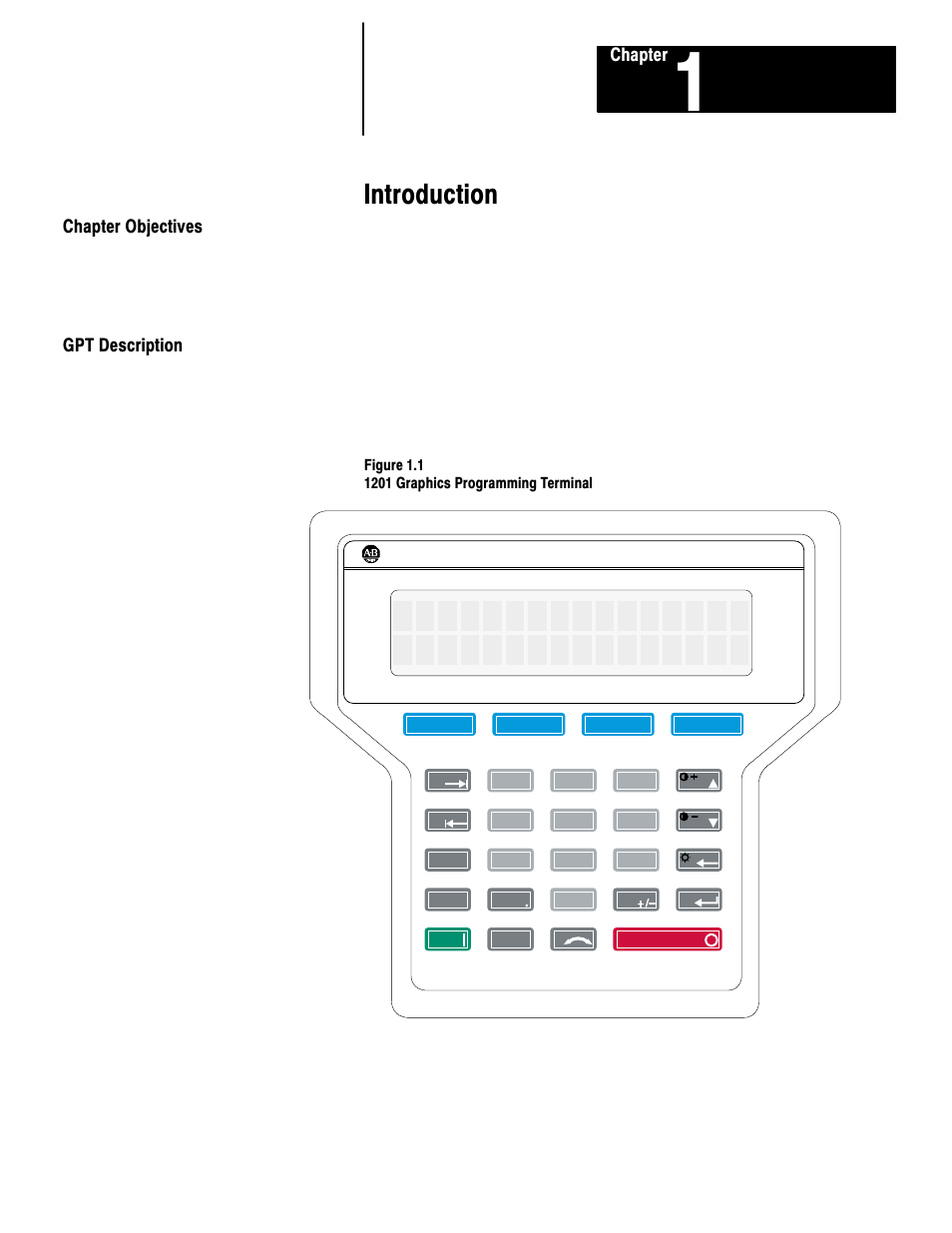 1 - introduction, Chapter objectives, Gpt description | Introduction, Chapter, Chapter objectives gpt description | Rockwell Automation 1201 GRAPHIC PROGRAM TERM 3.XX User Manual | Page 4 / 64