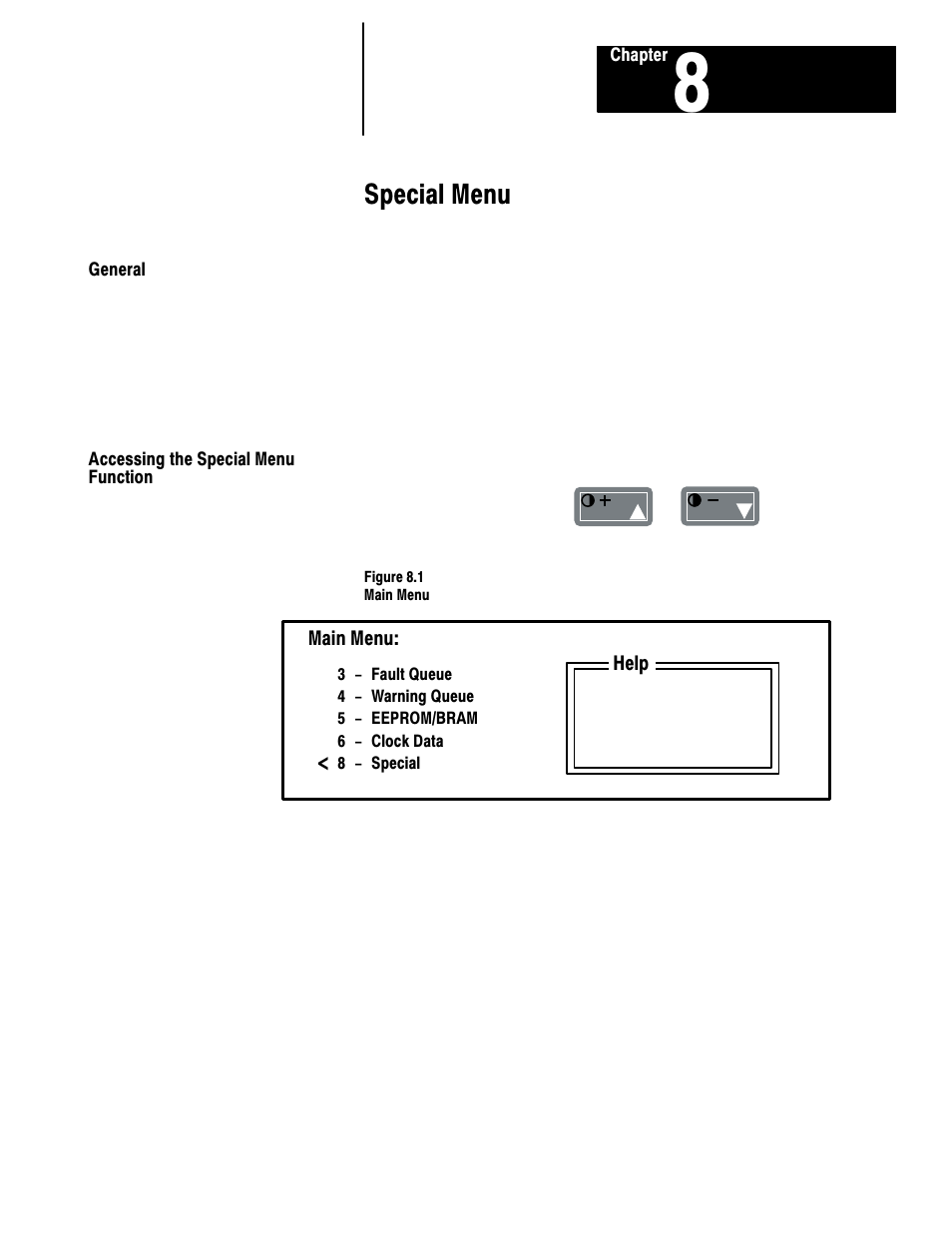 8 - special menu, General, Accessing the special menu function | Special menu | Rockwell Automation 1201 GRAPHIC PROGRAM TERM 3.XX User Manual | Page 54 / 64