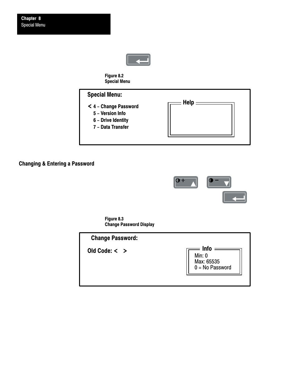 Changing & entering a password | Rockwell Automation 1201 GRAPHIC PROGRAM TERM 3.XX User Manual | Page 55 / 64