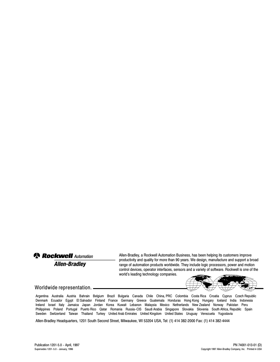 Back cover, Worldwide representation | Rockwell Automation 1201 GRAPHIC PROGRAM TERM 3.XX User Manual | Page 64 / 64