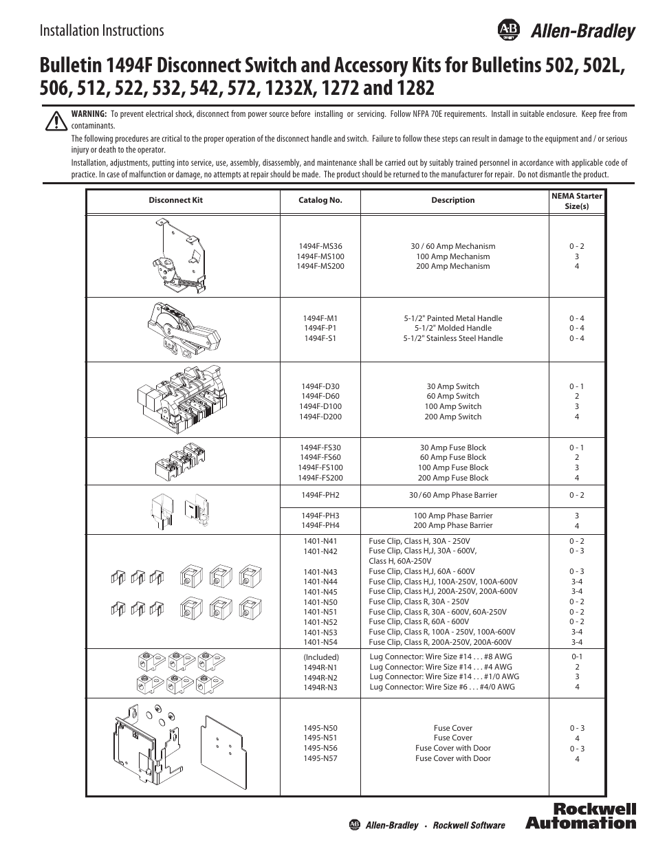 Rockwell Automation 1494F-D30_D60_D100_D200 Disconnect Switch (30A / 60A / 100A / 200A) User Manual | 8 pages