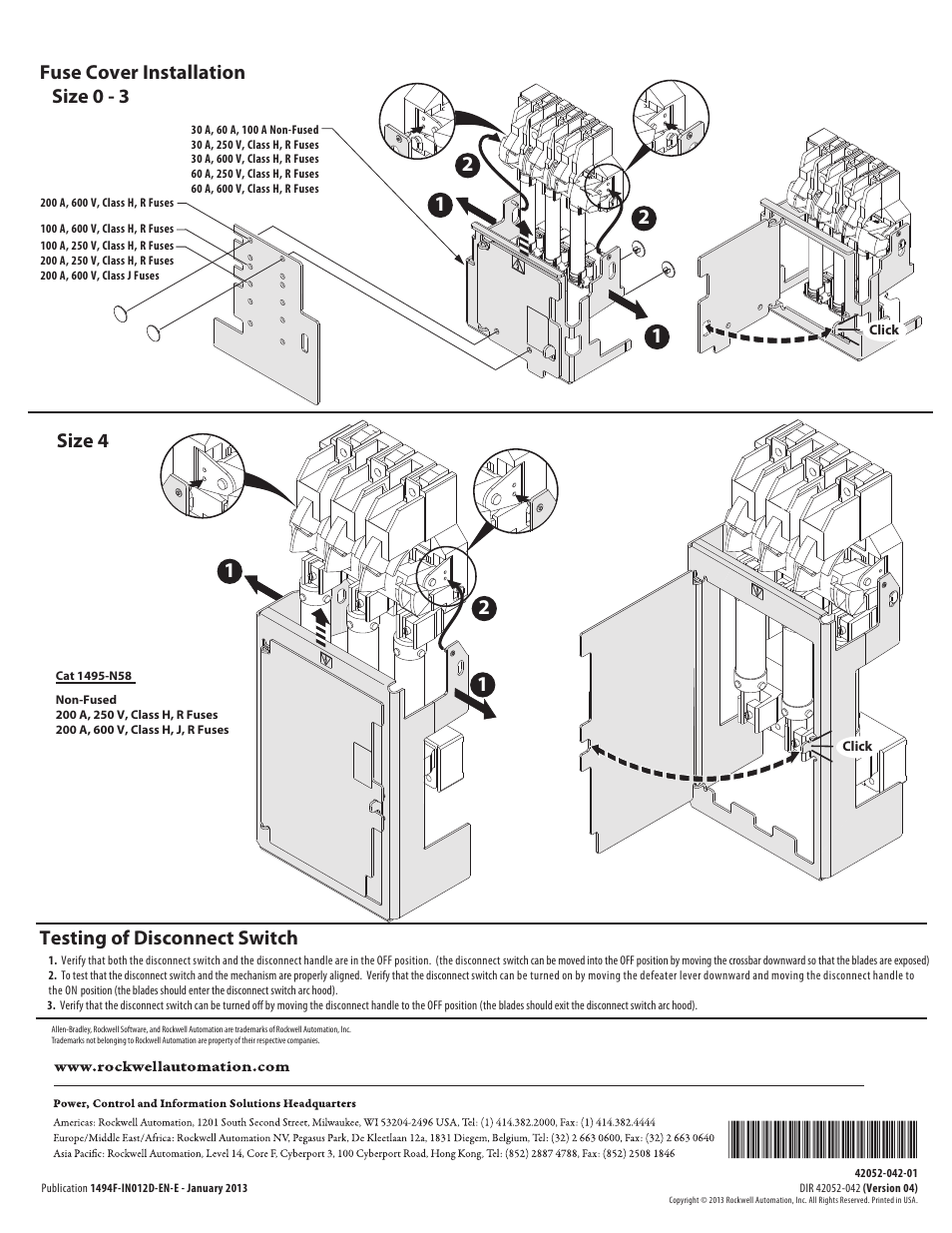 Testing of disconnect switch, Fuse cover installation size 0 - 3 size 4 | Rockwell Automation 1494F-D30_D60_D100_D200 Disconnect Switch (30A / 60A / 100A / 200A) User Manual | Page 8 / 8