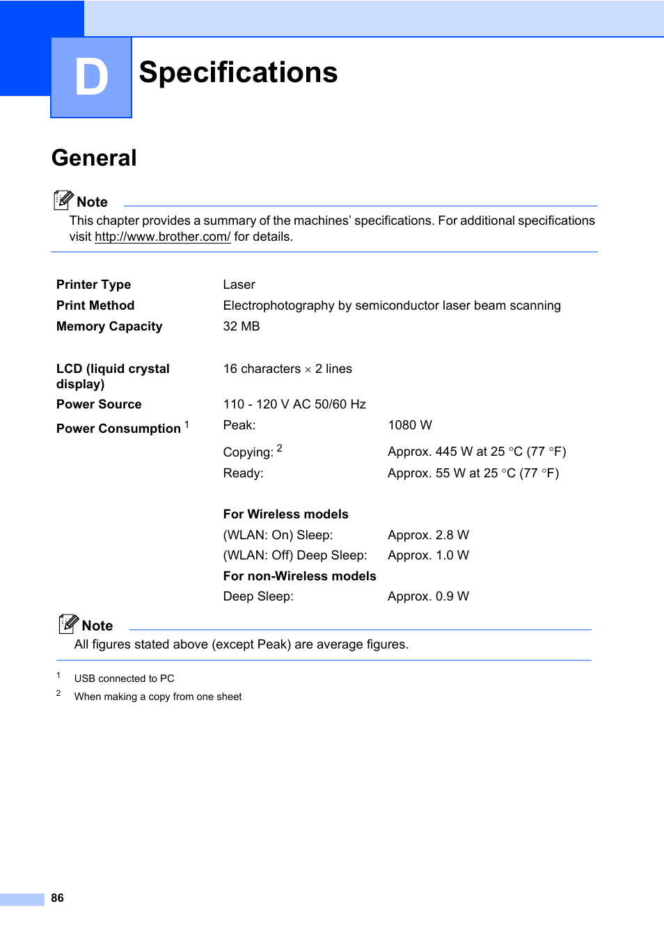 Specifications, General | Brother DCP-7065DN User Manual | Page 100 / 116