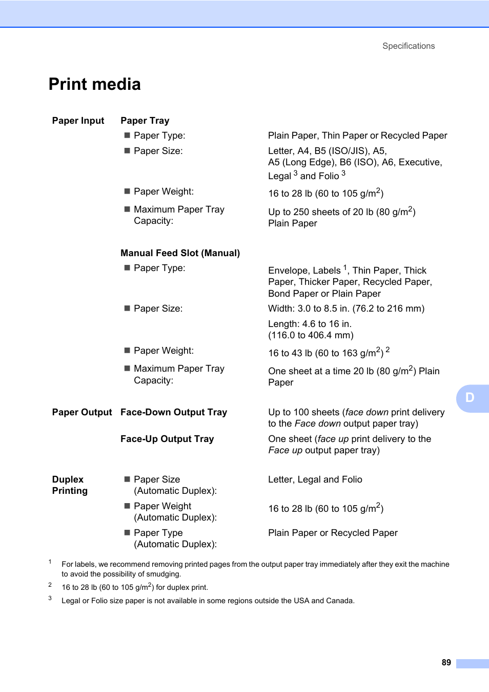 Print media | Brother DCP-7065DN User Manual | Page 103 / 116