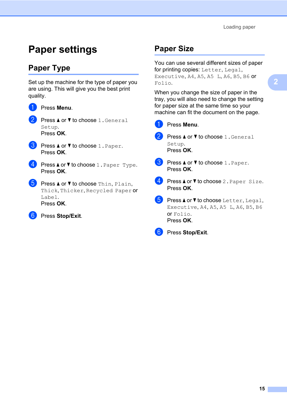 Paper settings, Paper type paper size, Paper type | Paper size | Brother DCP-7065DN User Manual | Page 29 / 116