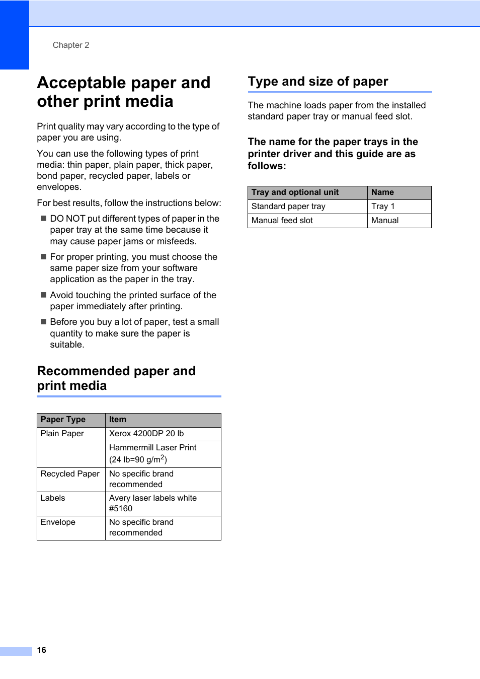 Acceptable paper and other print media, Recommended paper and print media, Type and size of paper | Brother DCP-7065DN User Manual | Page 30 / 116