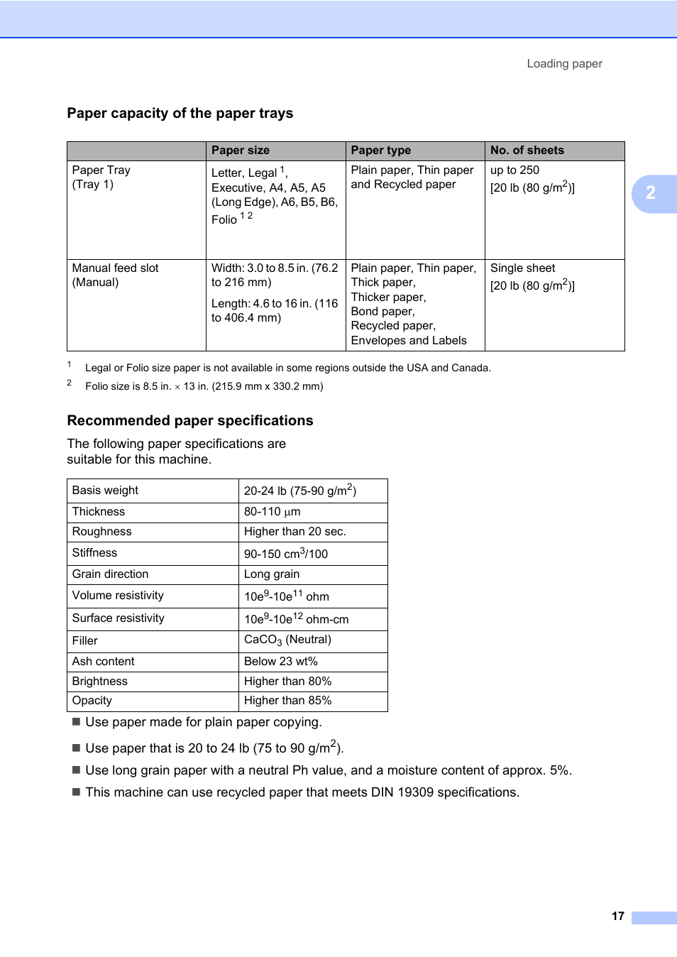 Paper capacity of the paper trays, Recommended paper specifications | Brother DCP-7065DN User Manual | Page 31 / 116