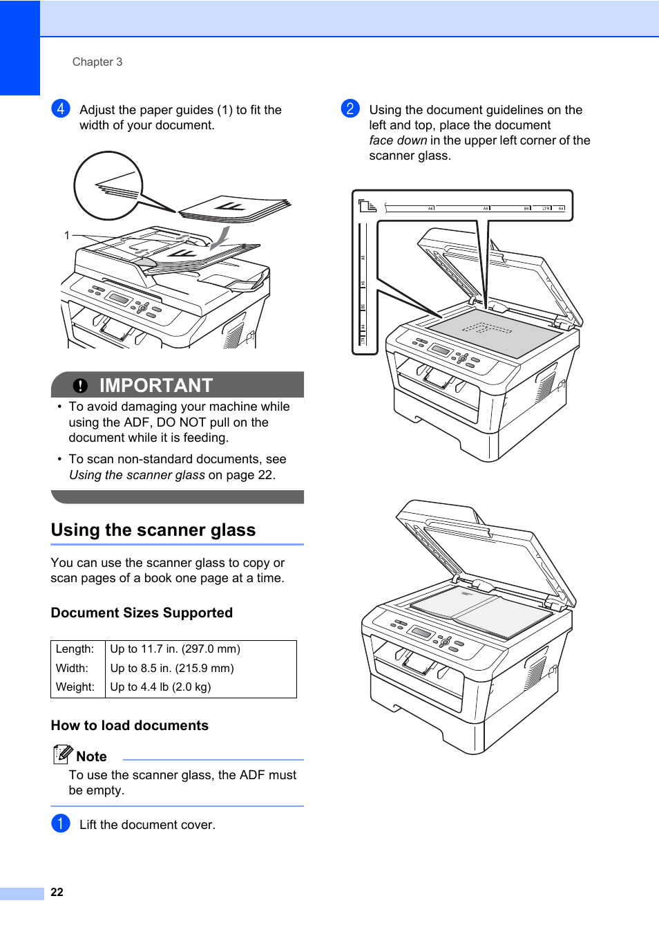 Using the scanner glass, Important, Document sizes supported | How to load documents | Brother DCP-7065DN User Manual | Page 36 / 116