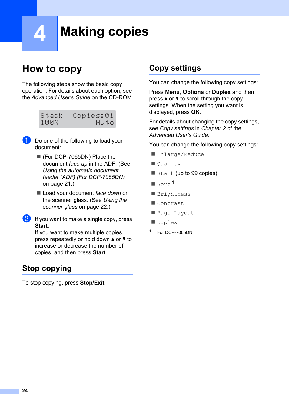 Making copies, How to copy, Stop copying copy settings | Stop copying, Copy settings | Brother DCP-7065DN User Manual | Page 38 / 116