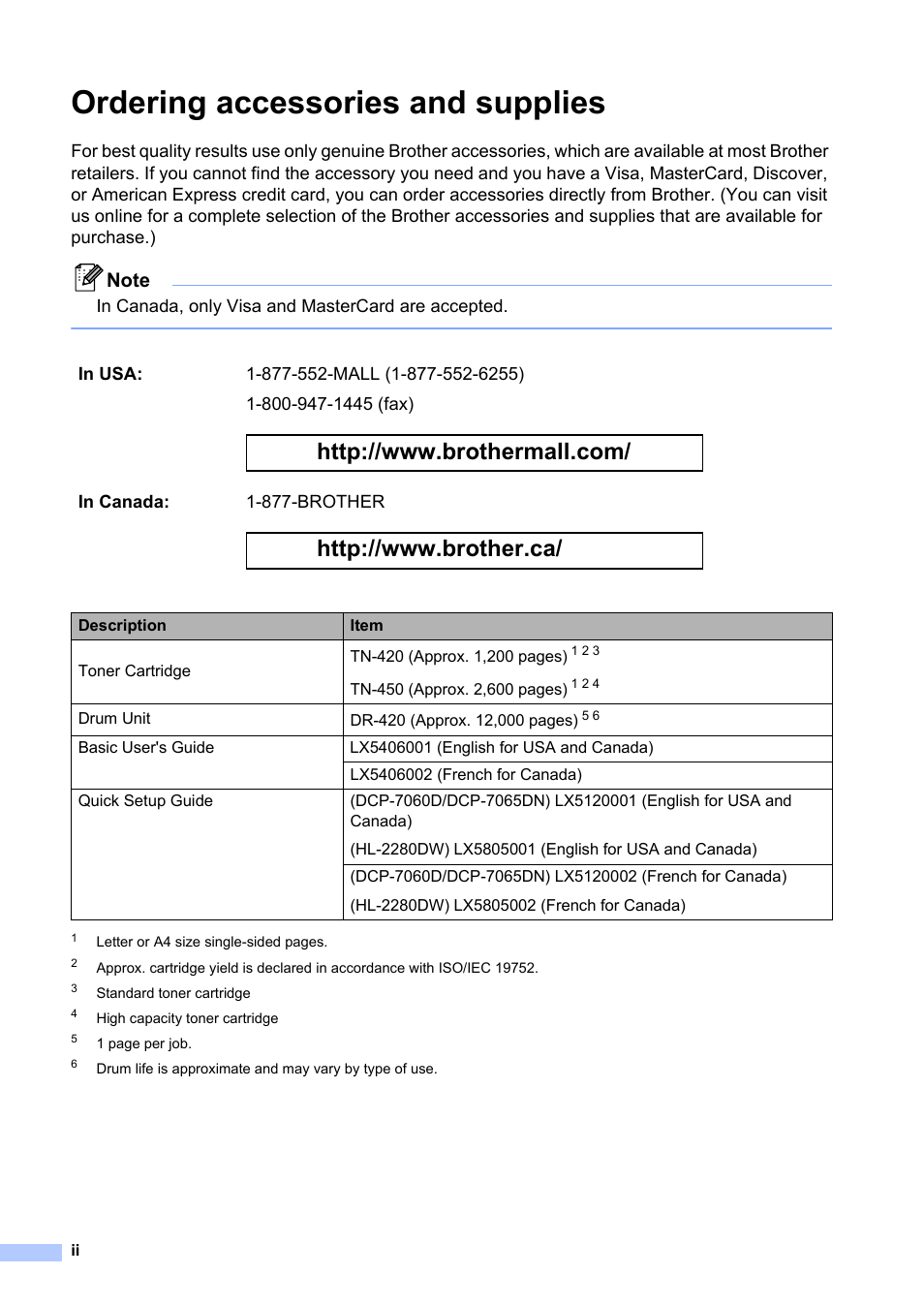 Ordering accessories and supplies | Brother DCP-7065DN User Manual | Page 4 / 116