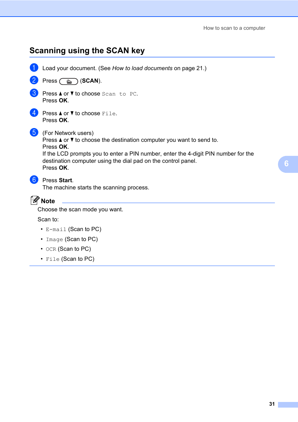 Scanning using the scan key, 6scanning using the scan key | Brother DCP-7065DN User Manual | Page 45 / 116