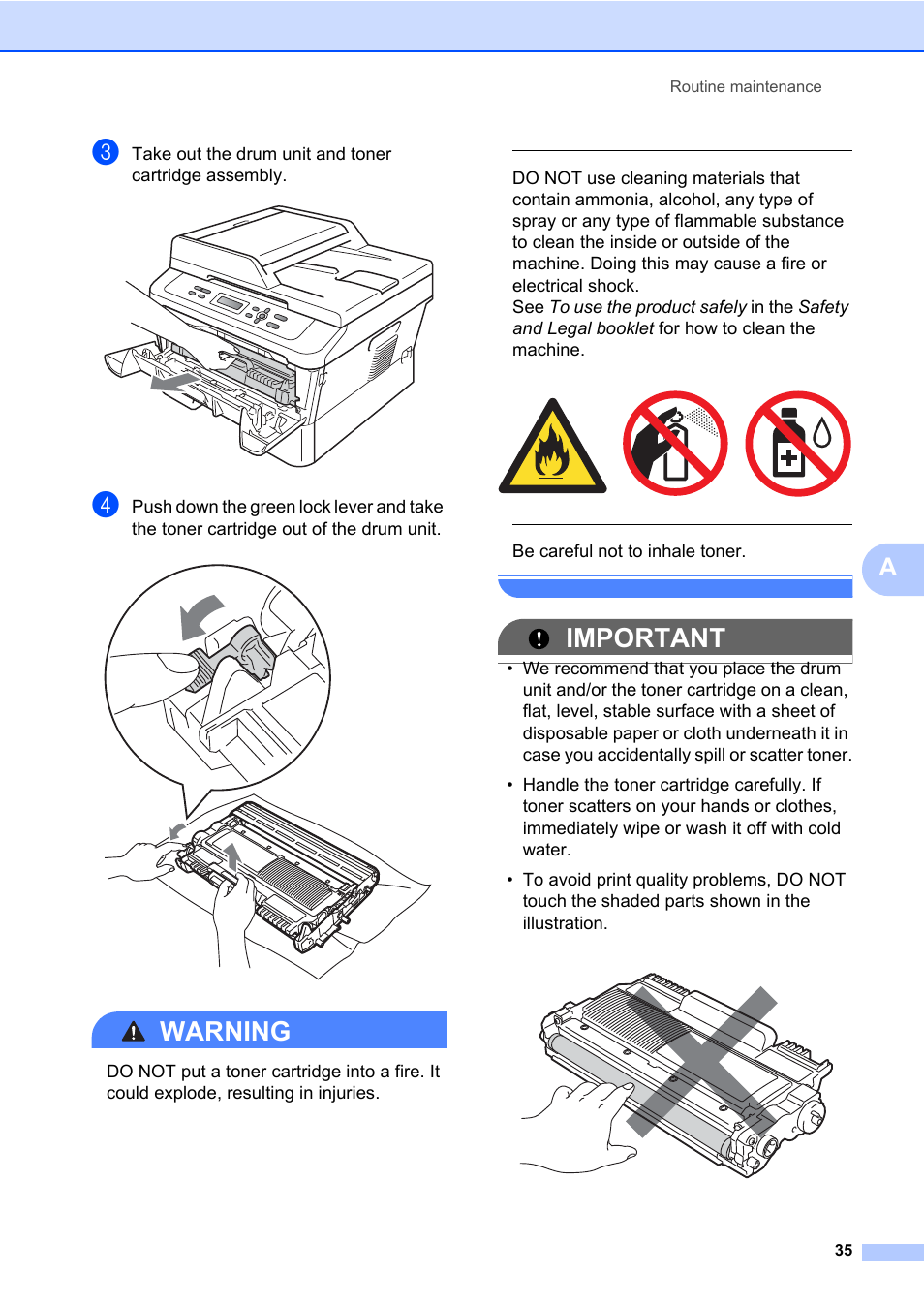 Warning, Important, Be careful not to inhale toner | Brother DCP-7065DN User Manual | Page 49 / 116