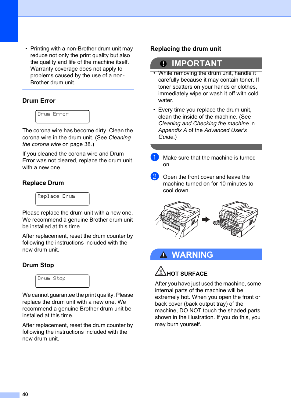 Important, Warning, Drum error | Replace drum, Drum stop, Replacing the drum unit | Brother DCP-7065DN User Manual | Page 54 / 116