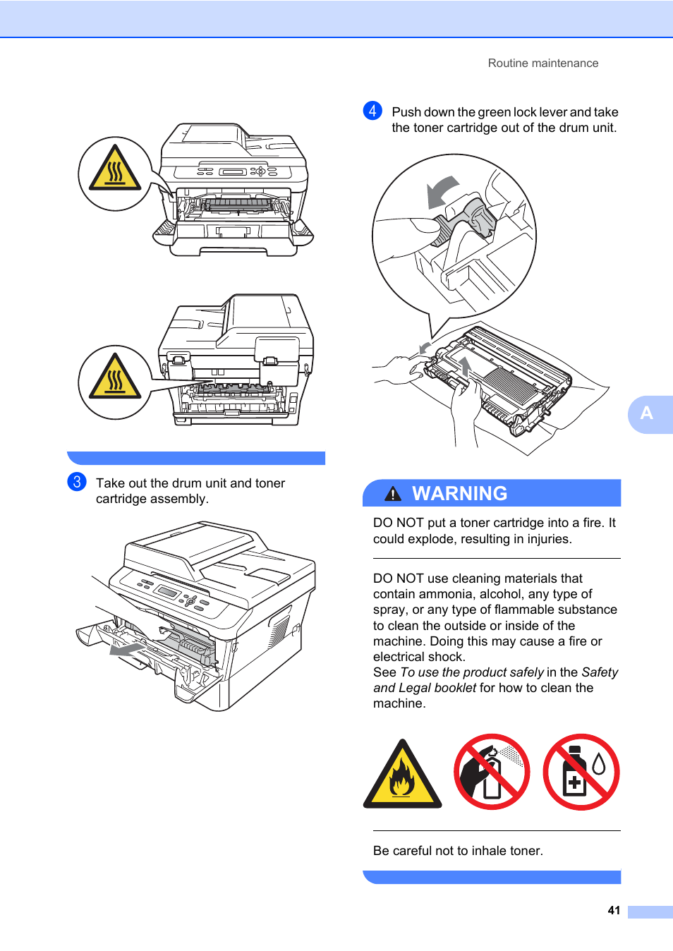 Warning, Be careful not to inhale toner, Routine maintenance 41 | Brother DCP-7065DN User Manual | Page 55 / 116