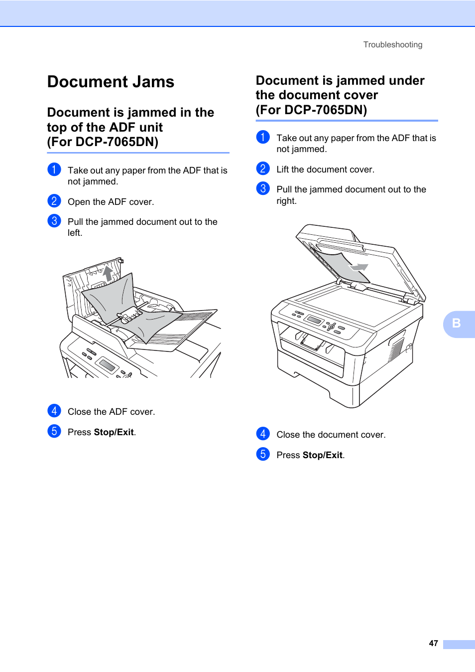 Document jams | Brother DCP-7065DN User Manual | Page 61 / 116