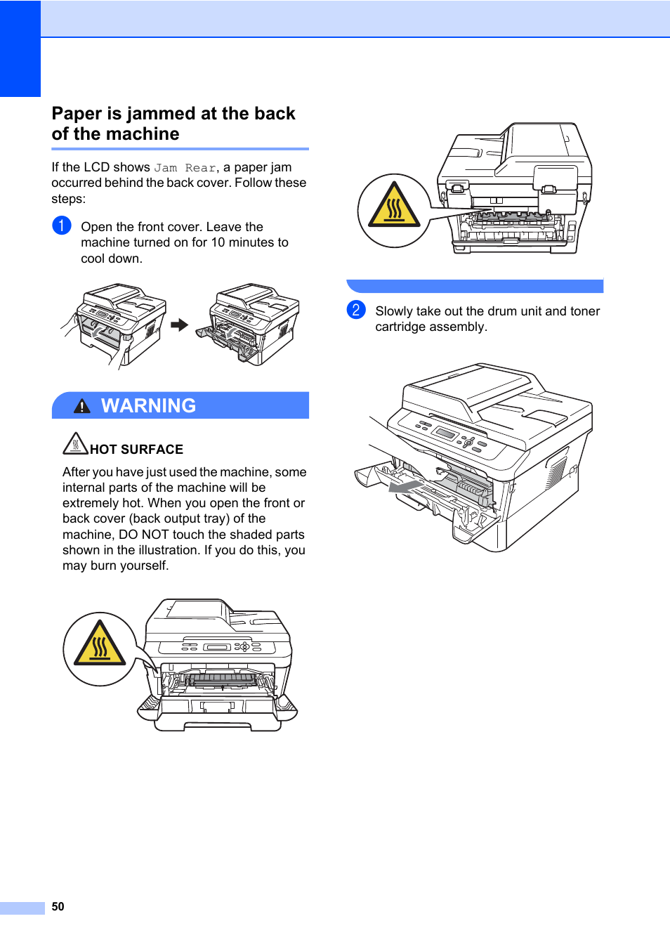 Paper is jammed at the back of the machine, Warning | Brother DCP-7065DN User Manual | Page 64 / 116