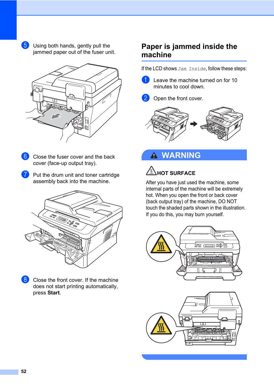 Paper is jammed inside the machine, Warning | Brother DCP-7065DN User Manual | Page 66 / 116