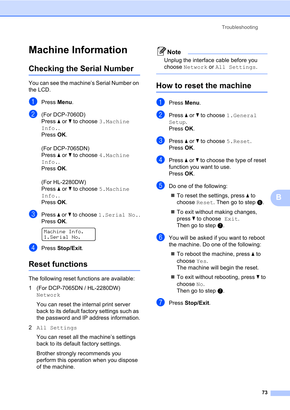 Machine information, Checking the serial number, Reset functions | How to reset the machine | Brother DCP-7065DN User Manual | Page 87 / 116