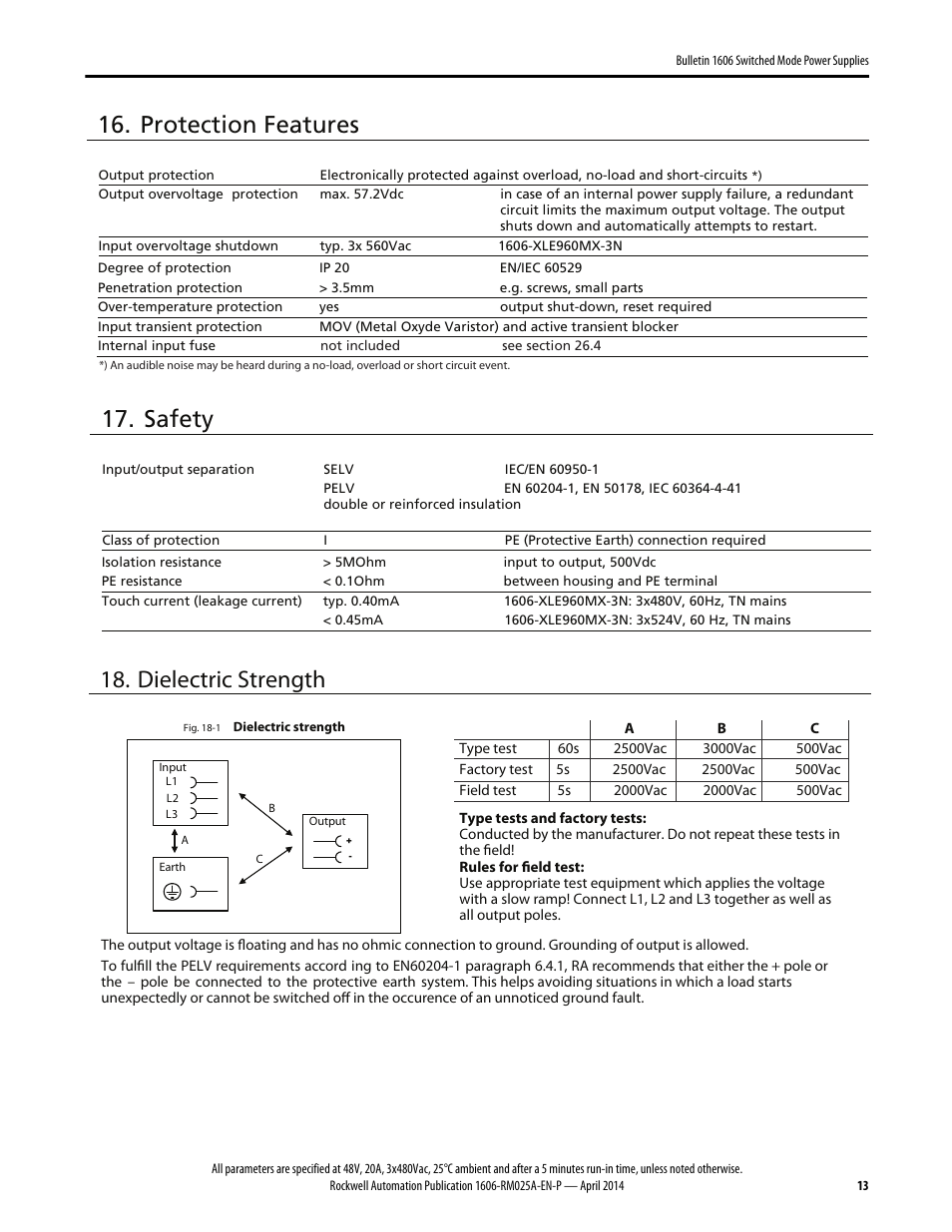 Protection features, Safety, Dielectric strength | Rockwell Automation 1606-XLE960MX-3N Power Supply Reference Manual User Manual | Page 13 / 22