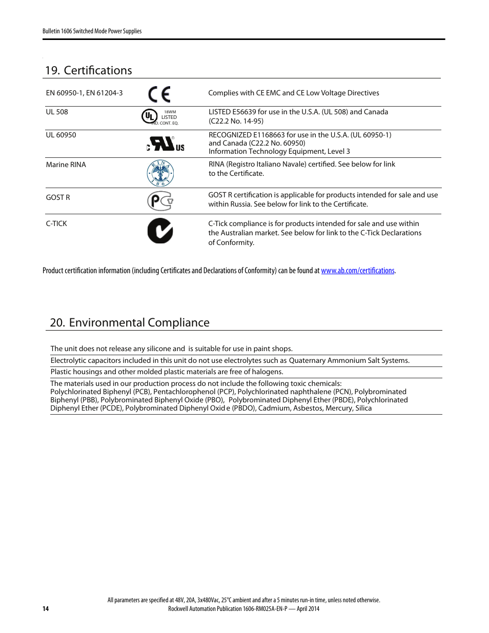 Certifications, Environmental compliance | Rockwell Automation 1606-XLE960MX-3N Power Supply Reference Manual User Manual | Page 14 / 22