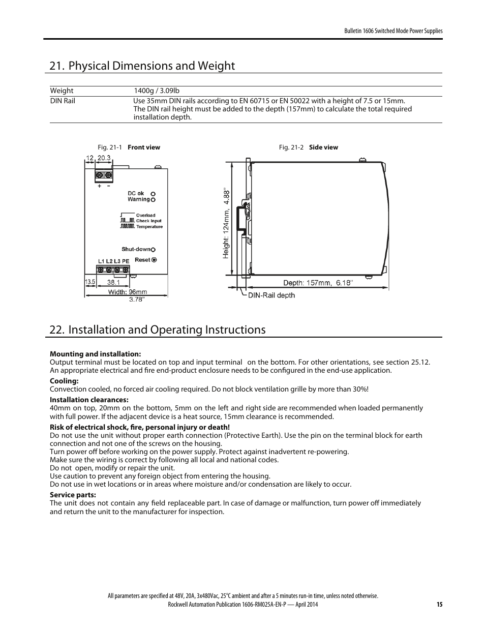 Physical dimensions and weight, Installation and operating instructions | Rockwell Automation 1606-XLE960MX-3N Power Supply Reference Manual User Manual | Page 15 / 22