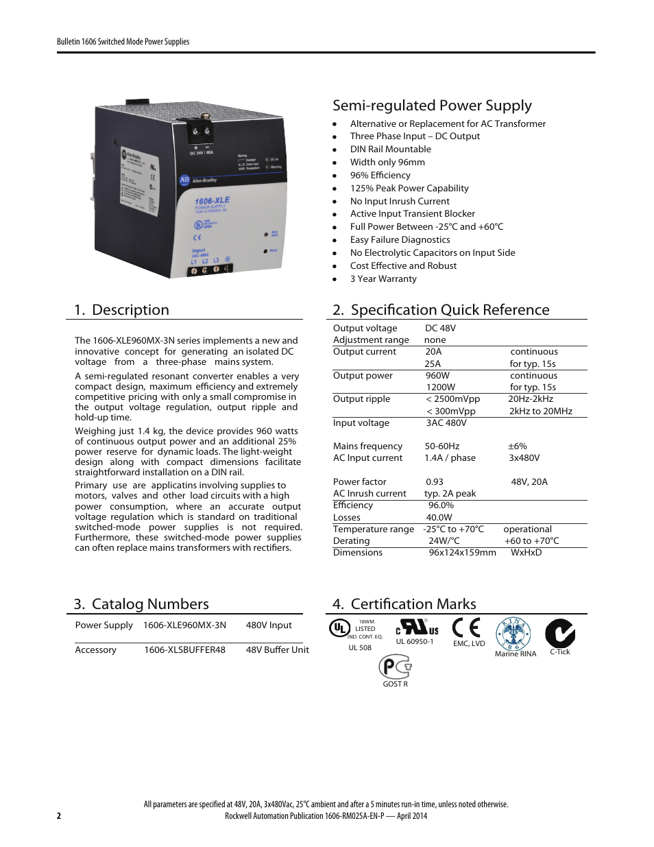 Semi-regulated power supply, Description, Specification quick reference | Catalog numbers, Certification marks | Rockwell Automation 1606-XLE960MX-3N Power Supply Reference Manual User Manual | Page 2 / 22