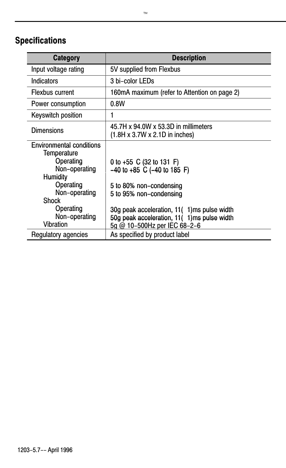 Specifications | Rockwell Automation 1203-FM1 FLEX I/O SCANport Module User Manual | Page 8 / 11