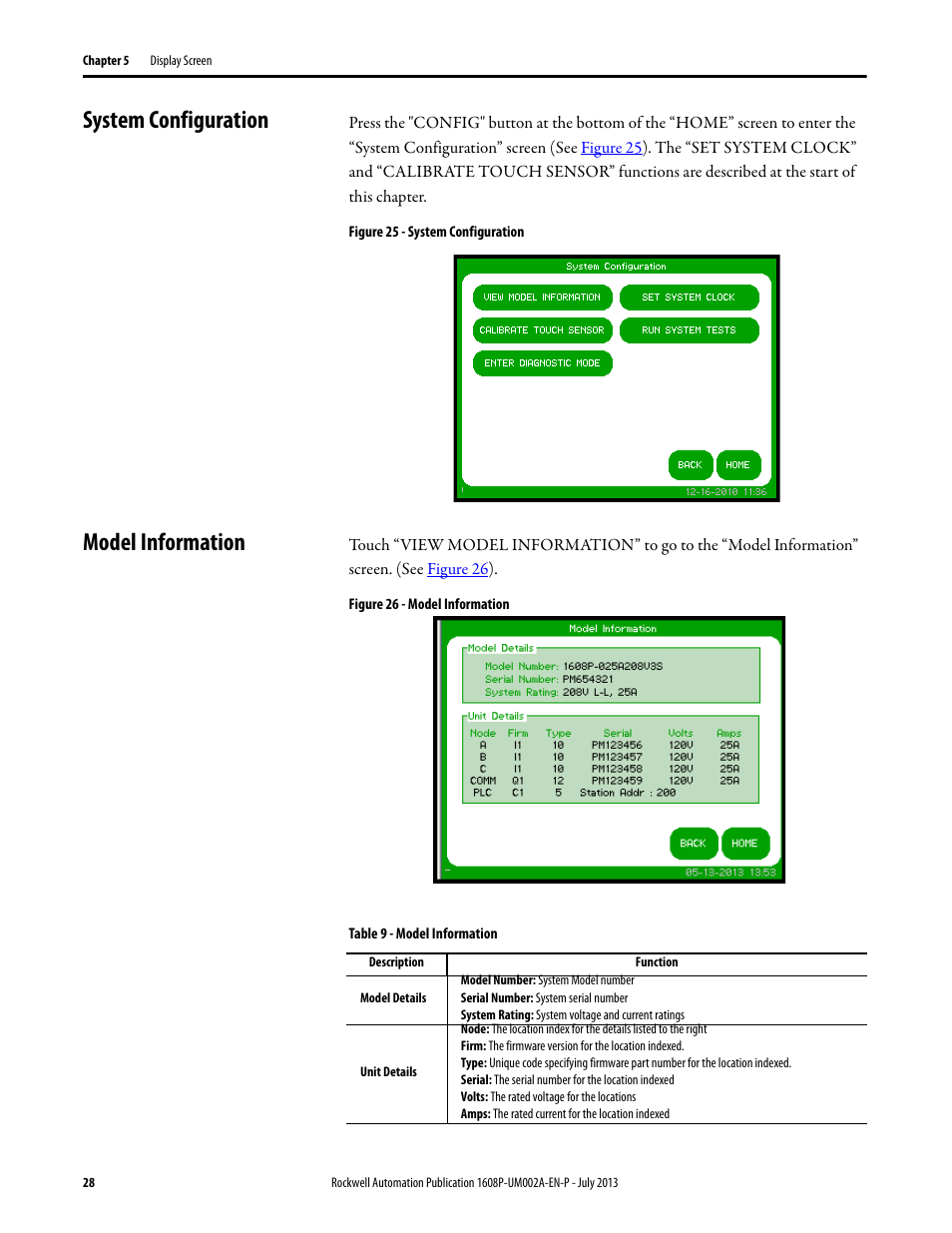 System configuration, Figure 25 - system configuration, Model information | Figure 26 - model information, Table 9 - model information, System configuration model information | Rockwell Automation 1608P ProDySC User Manual, 100/110 A User Manual | Page 28 / 40